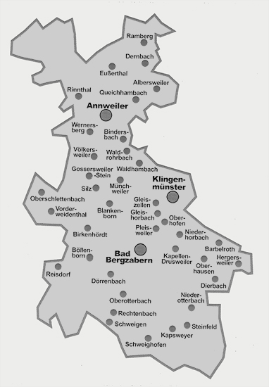 Karte des Einzugsgebietes der Ök. Soazialstation Annweiler - Bad Bergzabern